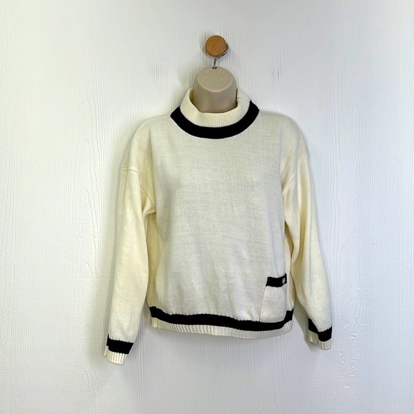 Jasper Sweaters - Jasper - Vintage High Neck Ivory And Black Pocket Sweater Size Large